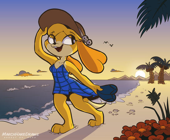 Isabelle, the yellow dog from Animal Crossing, is walking barefoot along the sand with sandals in hand and wearing a sundress and sunhat, looking at the scenery around her and feeling very relaxed.