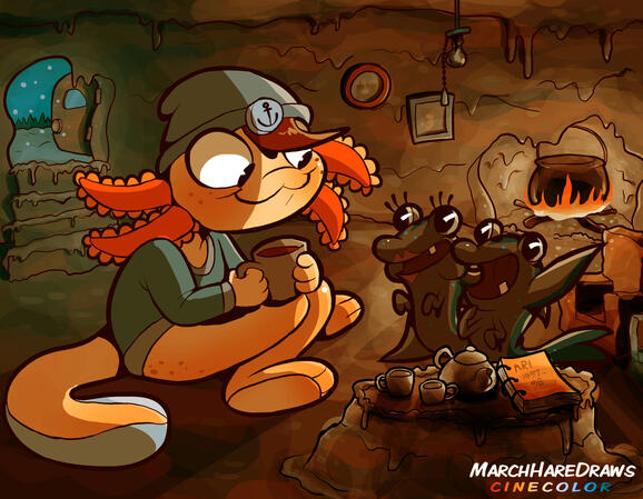 Adri, an anthropomorphic female axolotl, spending time with her smaller mudskipper parents on a winter night next to their fireplace.