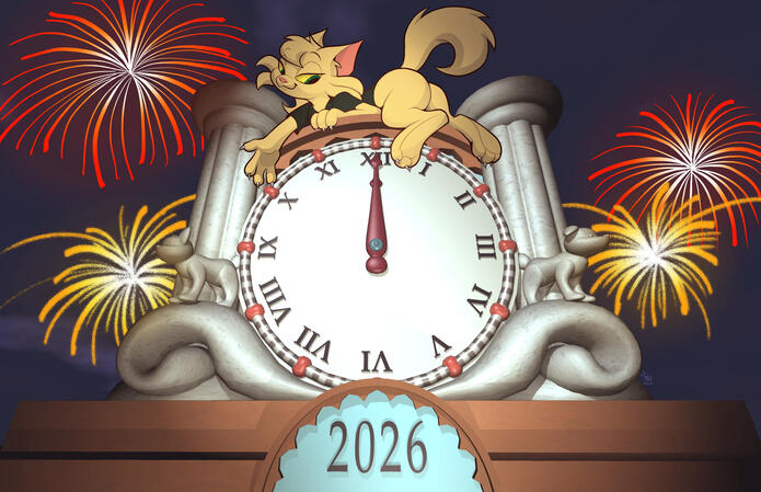 Andy, an anthropomorphic male yellow cat, sitting and posing atop a light gray grand clock striking midnight, with fireworks in the blue night sky in the background. At the bottom reads "2026".