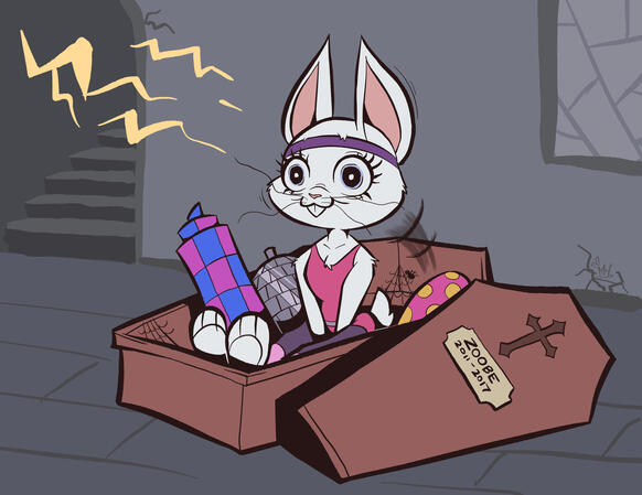 The white female rabbit from Zoobe being raised from the dead in an old casket using offscreen magic.
