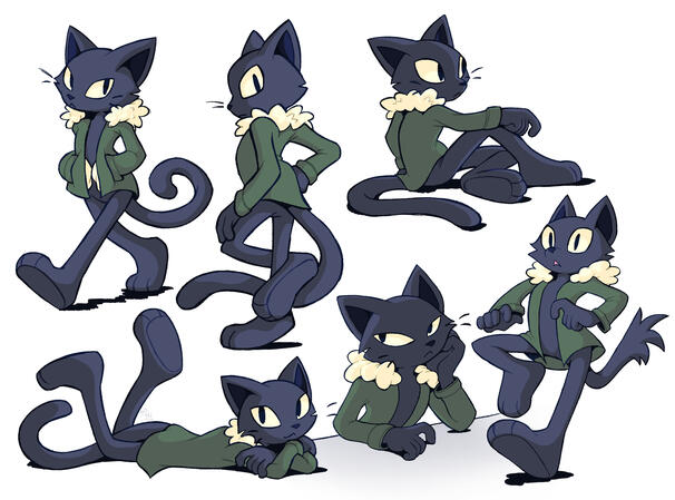 Java, a male black cat with pointed ears and a long tail, wearing a green coat with a cotton hood. He is shown walking with his hands in pockets, standing faced away from viewer, sitting down, laying on his stomach, gazing into the distance, and shocked.