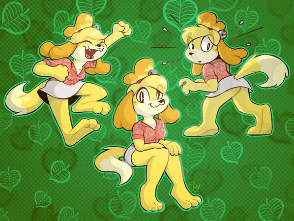 Isabelle from Animal Crossing in various poses: jumping and cheering, sitting and smiling, and tiptoeing while looking back at the viewer in shock.