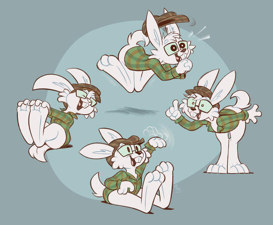 March Hare, a male white rabbit wearing glasses, brown cap, and green flannel. From top, clockwise: hopping, happily holding hands together; energetically talking, standing on toes, one hand pointed up; sitting, smiling, waving; laughing and rocking.