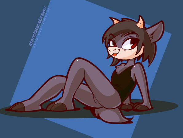 An anthropomorphic male black sheep named Dylan is sitting on the ground and smiling at the viewer. He is wearing a dark black crop top.