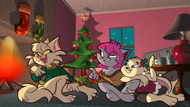 Andy, Raven, and Jackie enjoy a moment by the fireplace and Christmas tree on Christmas Day.