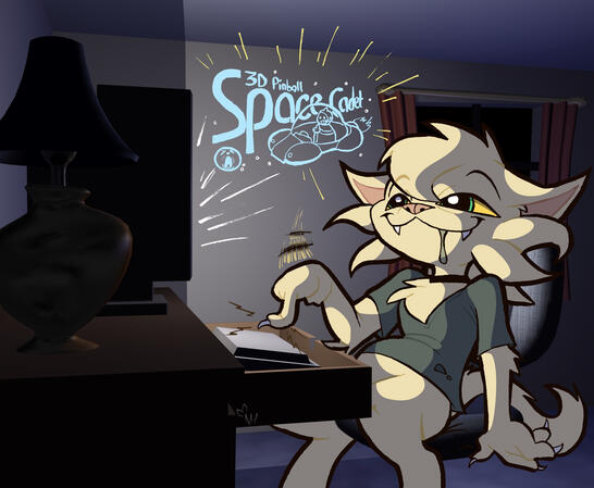 An anthropomorphic male cat, Andy, sits entranced in a chair, mindlessly playing Space Cadet Pinball, an old Windows game from the 90s, on an old CRT computer monitor in a dark room at night. The game is indicated in a pop-up coming out of the screen.