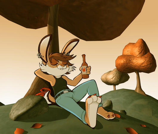 An anthropomorphic female rabbit, named Cider, relaxes on a hill under a tree in the middle of autumn while aptly drinking apple cider. She is surrounded by falling leaves, and a hill with two warm-colored trees is seen in the distance.
