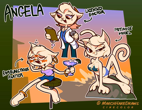 Angela, an anthropomorphic female cat, drawn in a variety of poses. From top, clockwise: looking at test results as a licensed doctor; posing on a rock in a pinup; drunkedly sitting on a bar stool, holding a margarita.