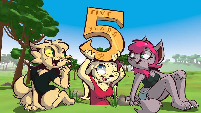 A female yellow rabbit, Jackie, in a hole in the forest ground, holding up a golden number 5 with the words "FIVE YEARS" and MarchHareDraws' signature encrypted. Jackie is joined by two anthro felines, Andy and Raven.