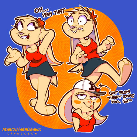 Jackie, an anthropomorphic female yellow rabbit, drawn in a variety of poses. From left, clockwise: standing and scratching her head; cringing and stepping forward; coyly posing and wearing a hat.