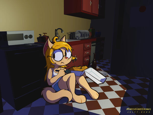 Brittany, an anthropomorphic female blonde cat, cautiously sitting on her kitchen floor, eating leftover noodles from the fridge. A light is coming opposite from her, indicating the fridge door is open.