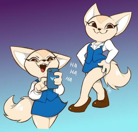 Fenneko, an anthropomorphic female Fennec fox in a blue office dress, in two poses: holding a phone deviously at the viewer and laughing "HA HA HA", and flirtily posing with her hands on her hips.