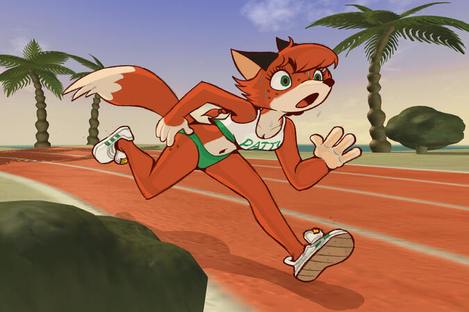 FoxPop's character, Patty, a female fox, practicing running on a racetrack on a beach in the morning. She is wearing a short tank-top reading "PATTY", shoes, (both white and green) and green bikini bottoms.
