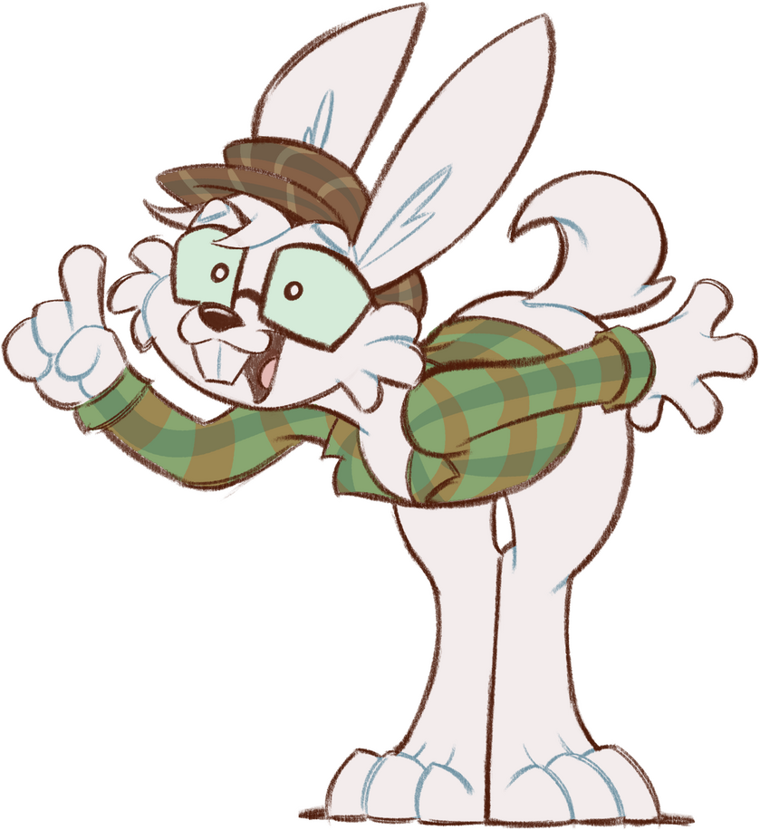The March Hare, an anthropomorphic male white rabbit wearing a brown cap and a green flannel shirt. He is enthusiastically raising his hand as if to exclaim something.