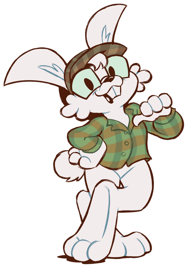 The March Hare himself! The March Hare, an anthropomorphic male white rabbit wearing a brown cap and a green flannel shirt. He is pointing towards himself, one paw kicked up behind the other, and smiling.
