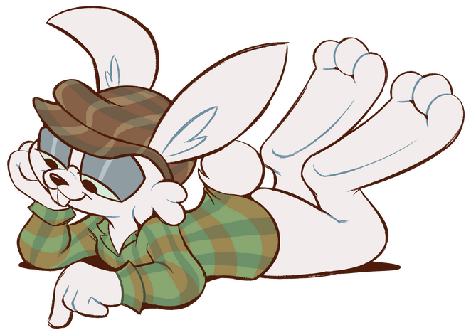 The March Hare, an anthropomorphic male white rabbit wearing a brown cap and a green flannel shirt. He is laying down on the floor pointing downwards.